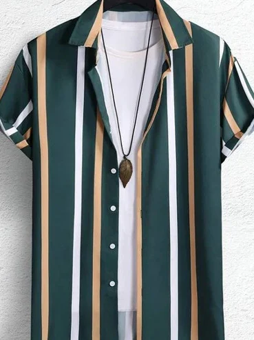 

Men's Vertical Striped ort Sve irt Loose Fit Printed Casual Summer Faion Middle-aged Men's Clothing Button Closure