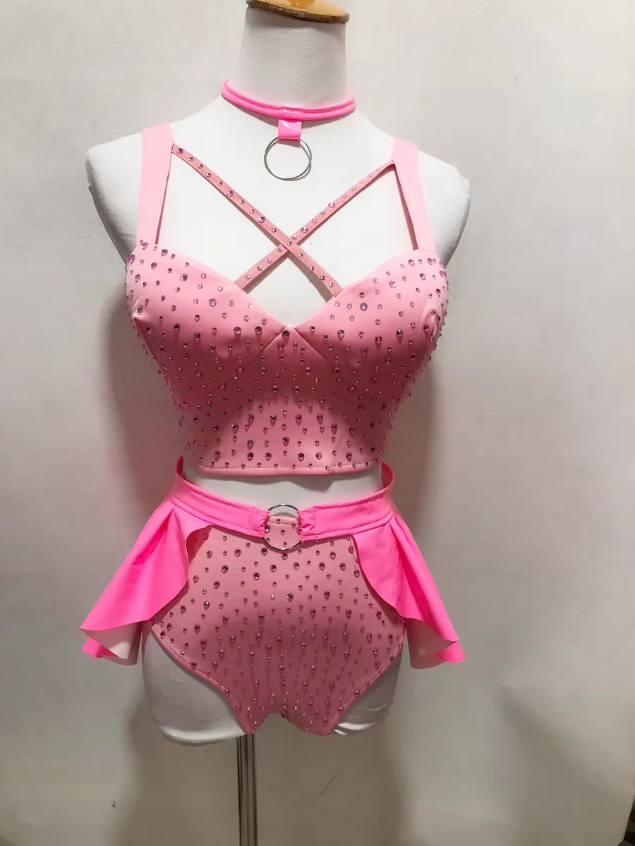

Nightclub DJ Bar Female Singer Leading Dance Performance Clothing Sexy Ultra Secret Sparkling Diamond Pink Split Set 2-piece