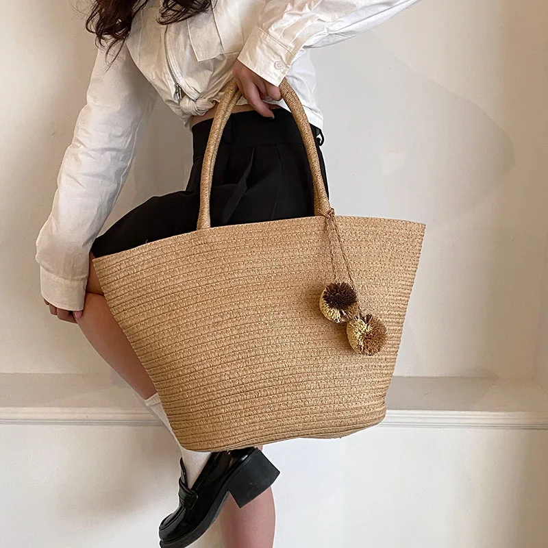 Large Capacity Straw Bag for Women Woven Handmade Handbags Lady Vacation Beach Tote Rattan Shoulder Purse with Fur Ball Pendant