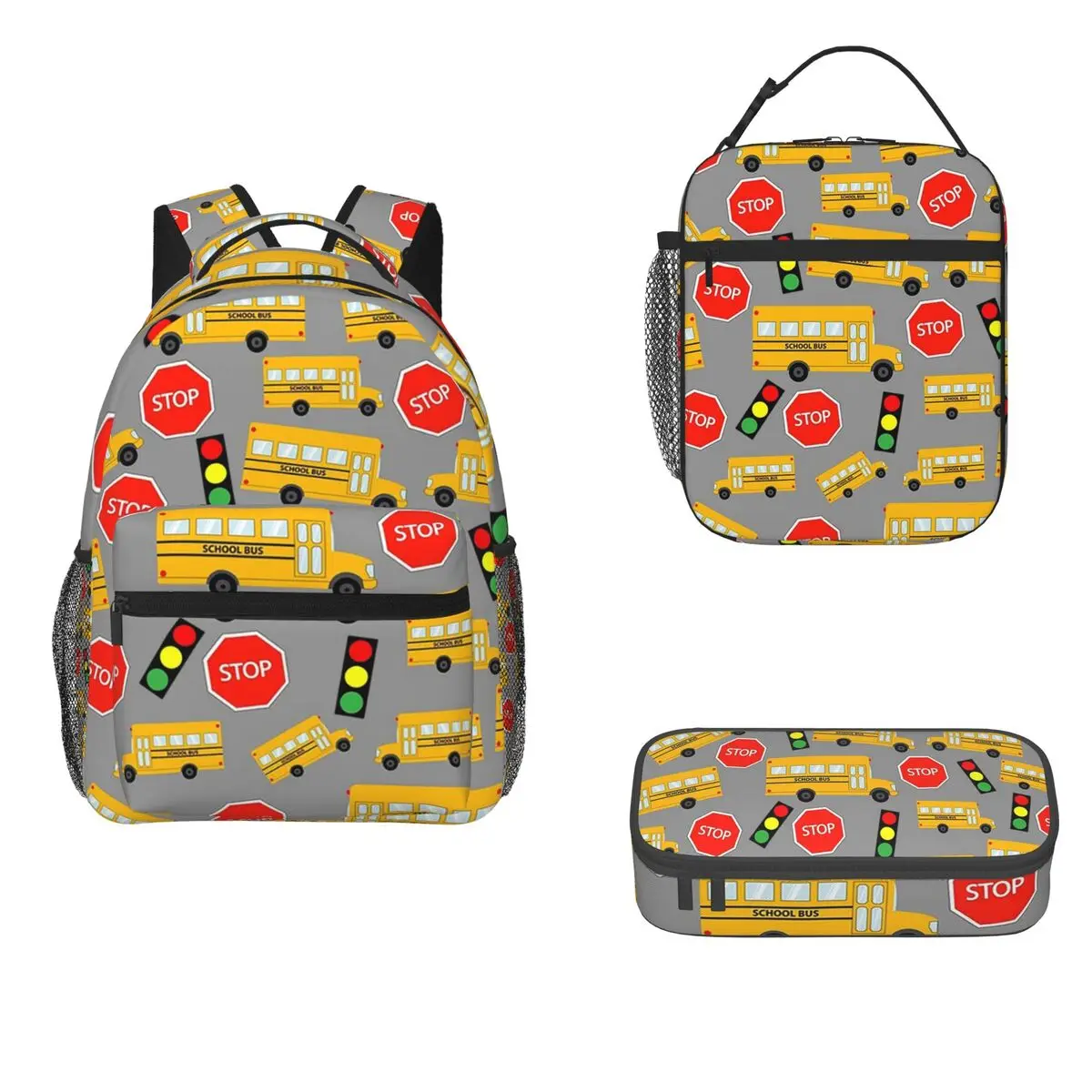 Yellow School Bus Stop Sign Traffic Lights Backpacks Bookbag Children School Bags Rucksack Lunch Bag Pen Bag Three-Piece Set