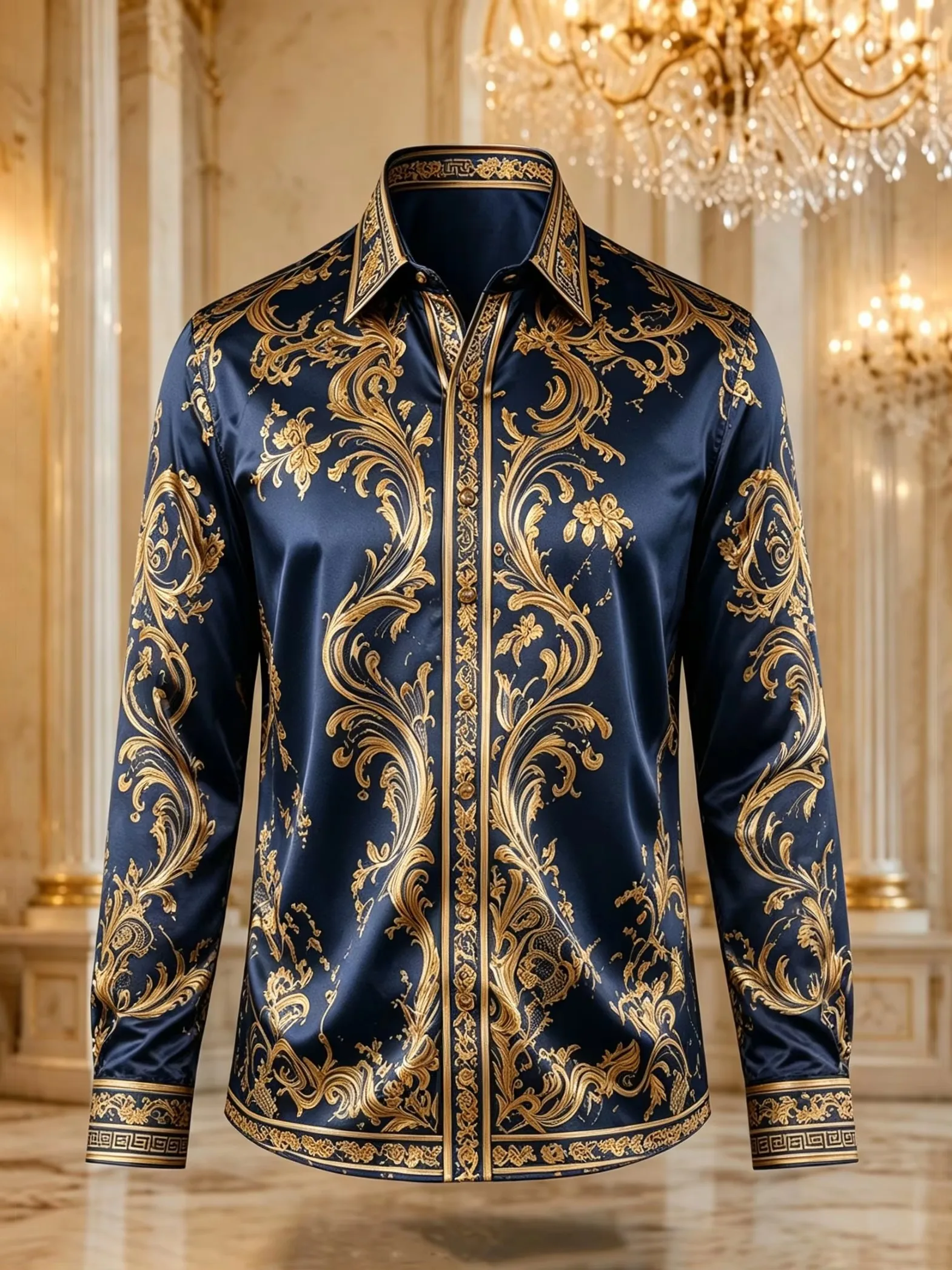 New Men's Autumn Long-Sleeve Shirt Vintage Floral Print Collared Button-Down Loose Plus-Size Fit Luxurious Style Formal Shirt
