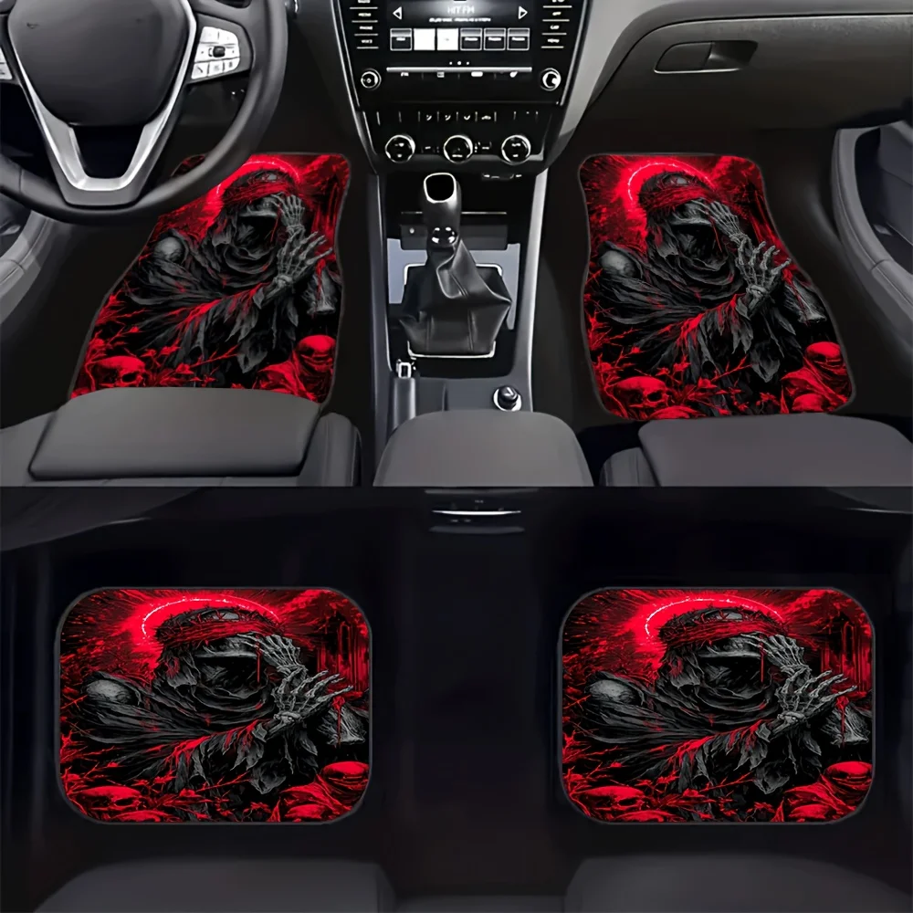 Set Of Four Universal Floor Mats For Suvs Featuring A Skull Design, Suitable For Both Front And Rear Seats Of Any Vehicle. These