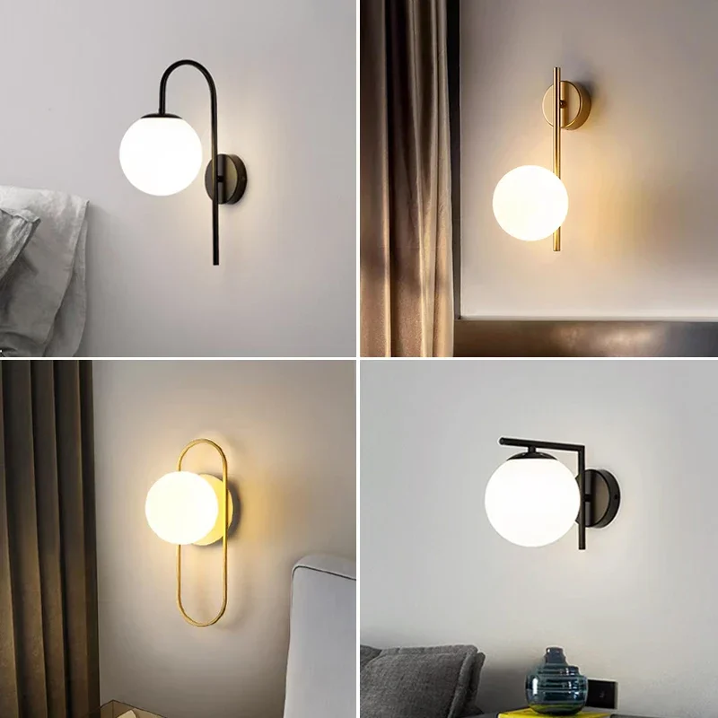 

2025 Nordic Home Decoration Lamp White Glass Ball Metal Wall Light 90-260V For Bedroom Corridor Mirror Leisure Area Bedhead Wall