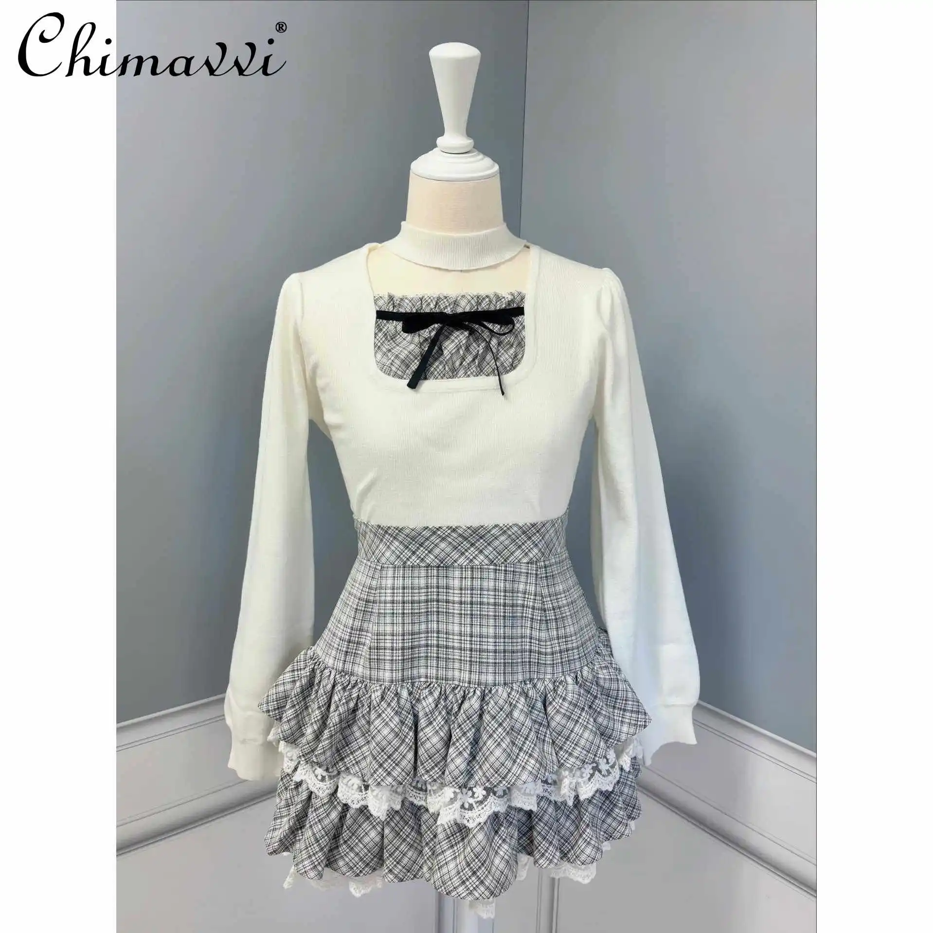 

Japanese Sweet Girl High Waist Plaid Lace Trim Cake Skirt 2026 Spring Summer New Fashion Elegant Short Women's Kawaii Skirt
