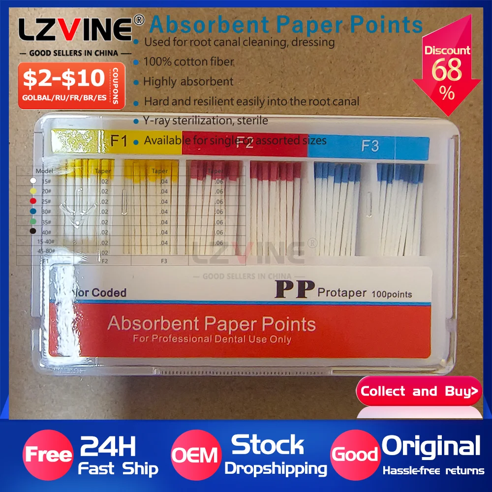 

1 коробка стоматологических впитывающих бумажных точек PP02 04 06 Конус 15-40 # 45-80 # Стоматолог Использование стоматологических материалов F1/F2/F3 F4 F5 Советы по эндодонции