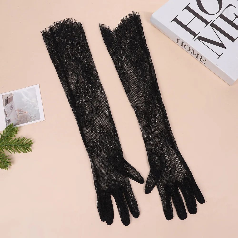 Black Long Lace Sexy Mesh Eyelash Gloves Tulle Bridal Wedding Elbow Opera Party Costume Accessories Thin Transparent Hollow Out