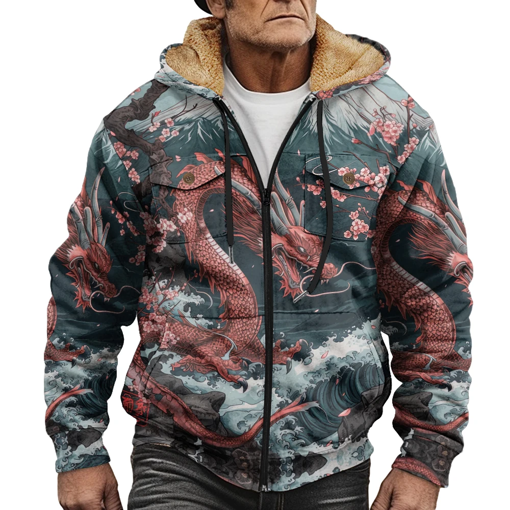 

Мужская японская куртка с капюшоном на флисовой подкладке и волнистым принтом, винтажное пальто на молнии с китайским драконом, теплая зимняя уличная одежда с вишневым цветом