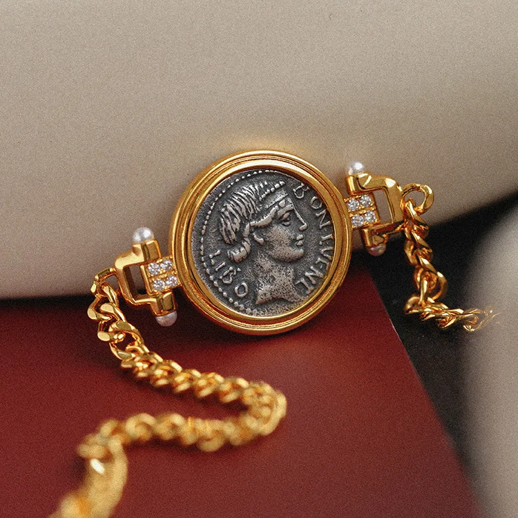 Replica Ancient Coin Bracelet Lucky Goddess Portrait Imitation Pearl CZ Cuban Chain Vintage Women Statement Jewelry