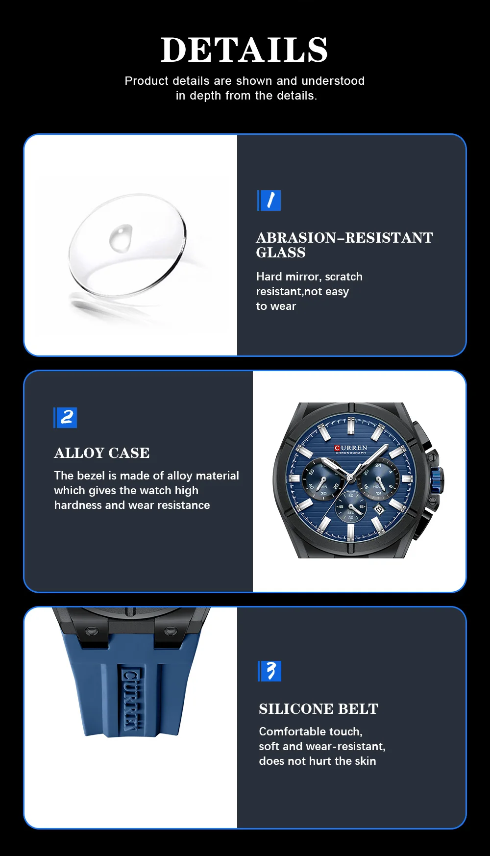 CURREN Herren-Luxus-Chronographenuhr mit 44-mm-Gehäuse, modische Quarz-Armbanduhr, lässiges Sport-Silikonarmband mit automatischem Datum. – Detail 6