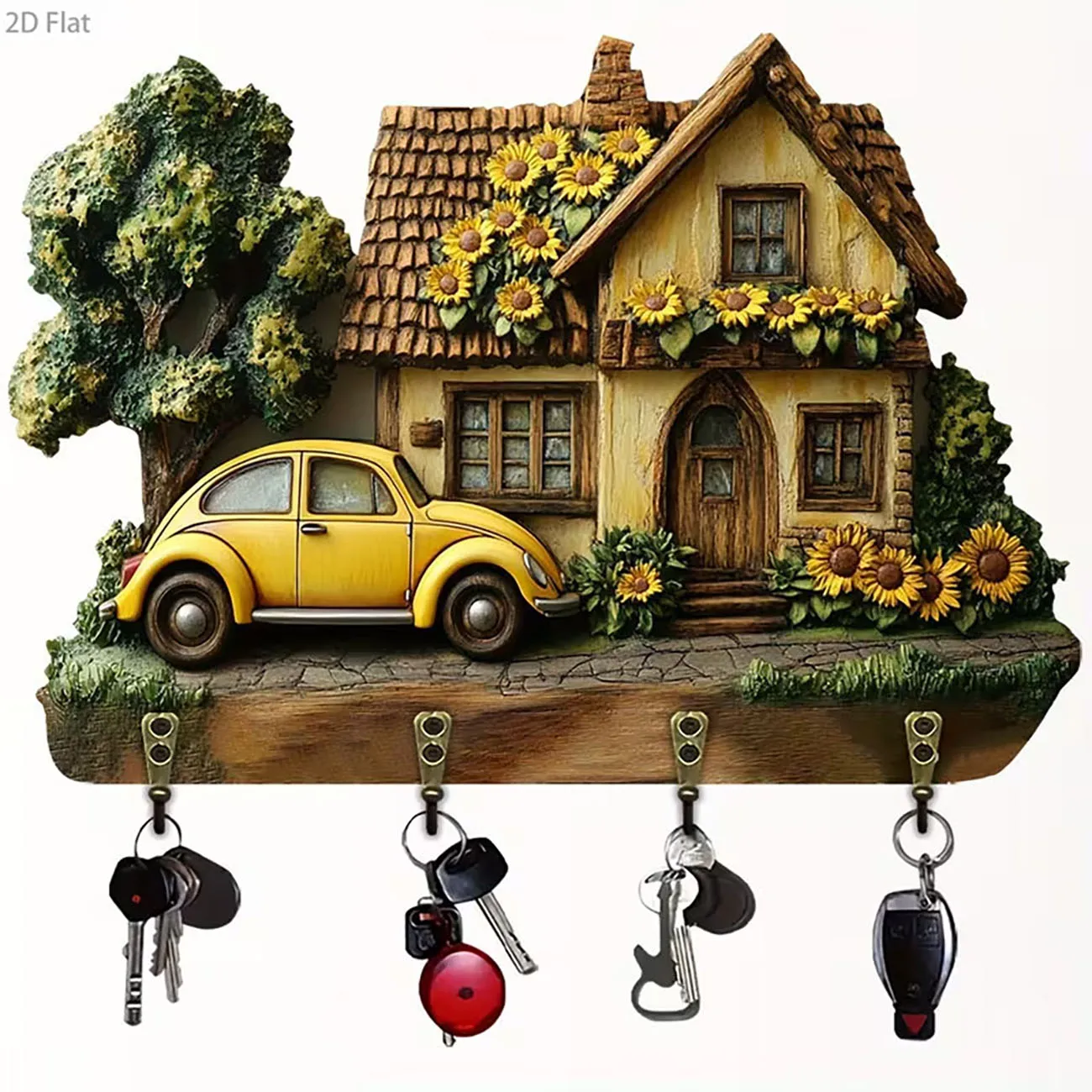 2D Flat Cottage Key Holder with Yellow Beetle Car and Sunflowers Print, Four Hooks, Warm Countryside Floral Wall Decor.