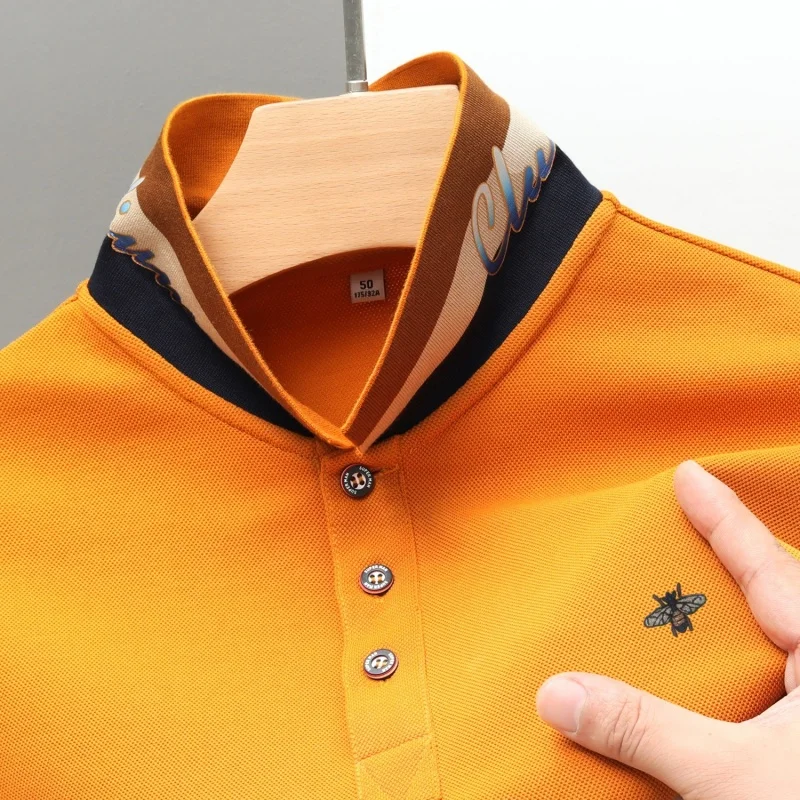 Men's Luxurious Original Long-Sleeved Polo Shirt with Bee Embroidery Soft Fabric Buttoned Front Opening British Style Men's Wear