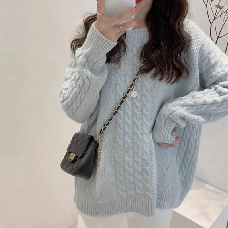 Sweater Women's Soft Waxy Lazy Wind Japanese Round Neck Fried Dough Twists Loose Thickened Pullover Knit Top