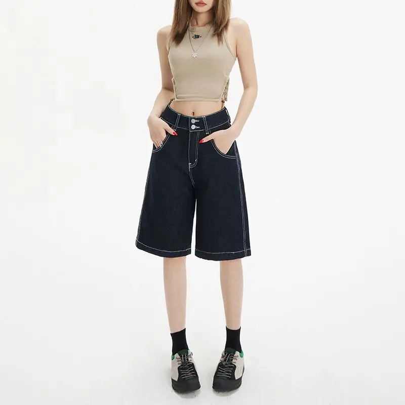 High Waist Double-Breasted Wide Leg Jeans Retro Vintage Loose Fitting Cropped Pants Women's Spring/Summer Fashion