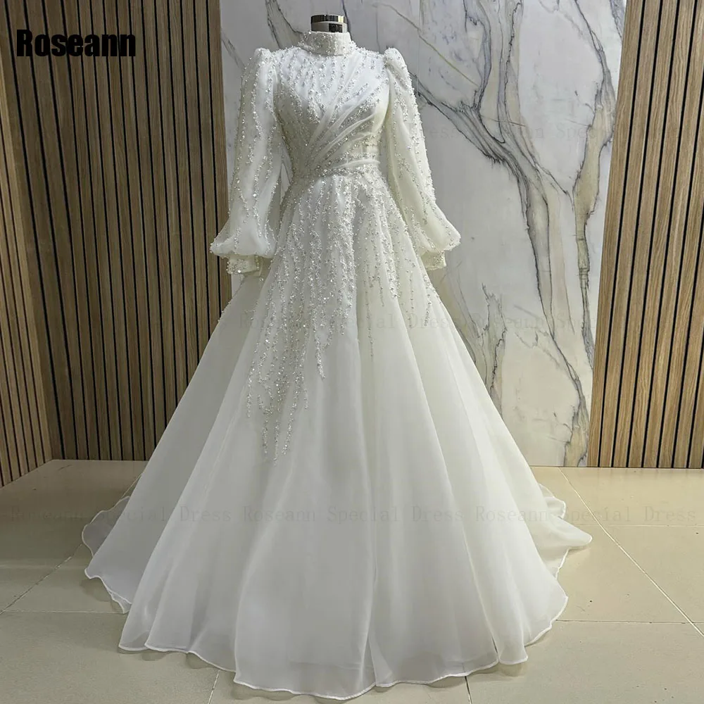 Personalizado muçulmano moda a linha vestidos de casamento drapeado plissado paillette pérolas plissado escova trem vestido de noiva robe de mariée