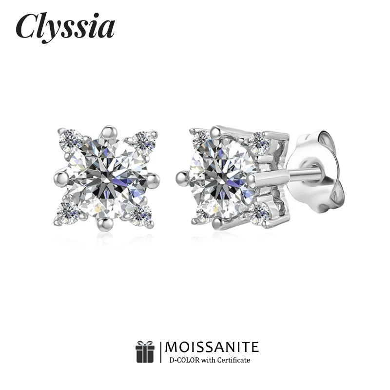 

CLYSSIA 4 Claw Moissanite Stud Earrings Geometric Design for Women Men 925 Sterling Silver with 18K White Gold Plated Jewelry