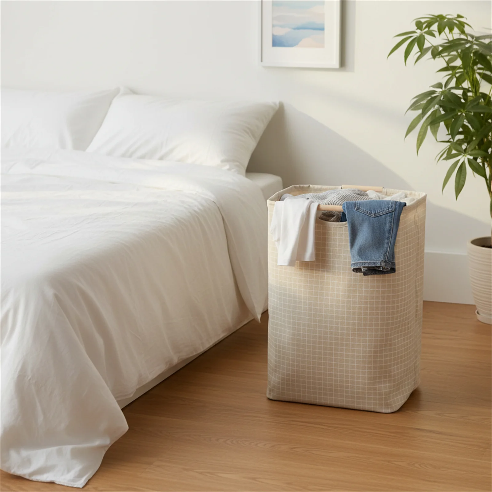 折りたたみ式コットンリネンランドリーバスケット、木製ハンドル付き、防水収納ハンパー、家庭用寝室、浴室用