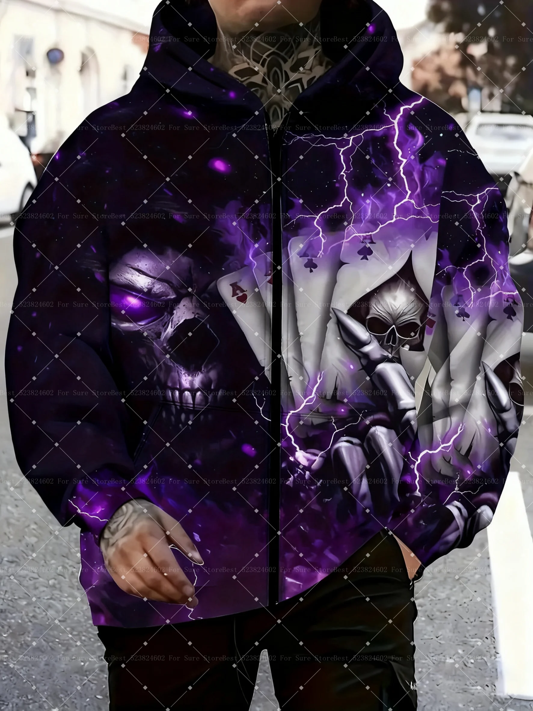 سترة رجالية مقاس كبير ثلاثية الأبعاد مطبوعة بسحاب كامل مع جمجمة قوطية أرجوانية البرق ملابس علوية شديدة التحمل سترة نسائية بغطاء للرأس للأطفال #2