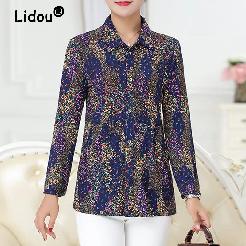 Middle Aged and Elderly Women Clothing Autumn Fashion Print Elegant Button Up Shirt Casual Lapel Blouse Long Sleeve Tops Blusas