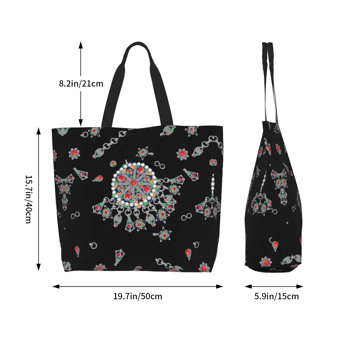 Kabyle Jewelry Grocery Shopping Bag Canvas Shopper Shoulder Tote Bags Large Capacity Washable Amazigh Ethnic Style Handbag