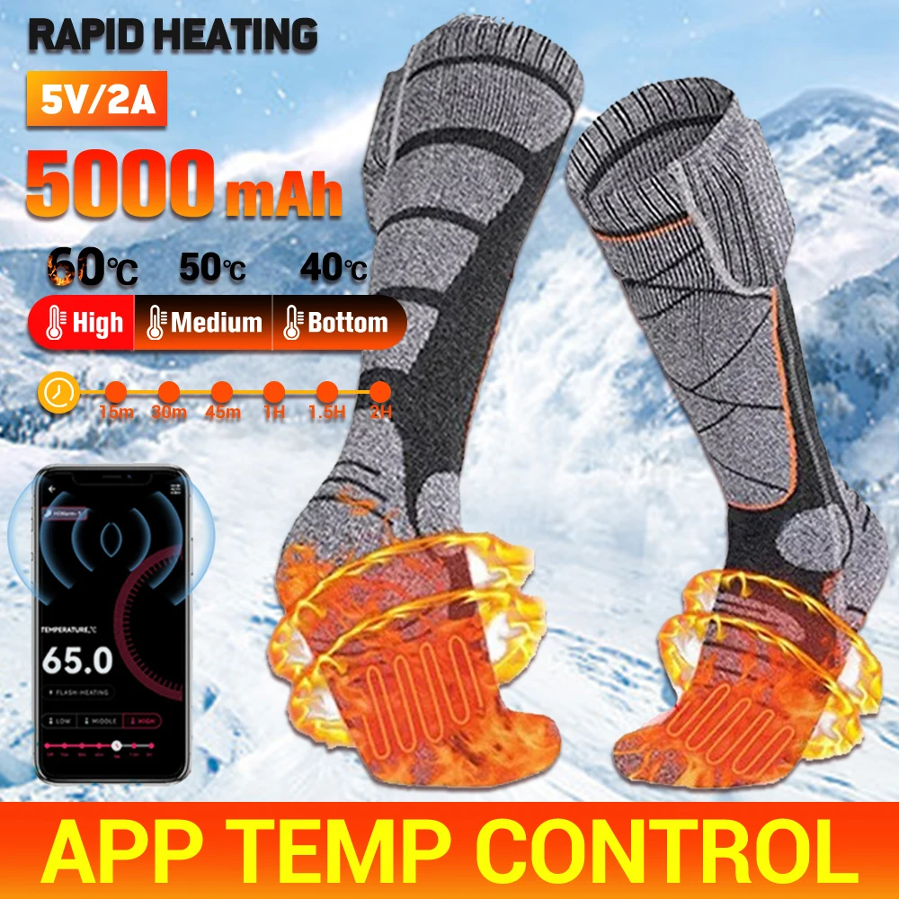 65℃ Heated Socks Winter Warmth 5000mAh USB Rechargeable Heating Socks Outdoor Spots Heated Boots Snowmobile Skiing Socks