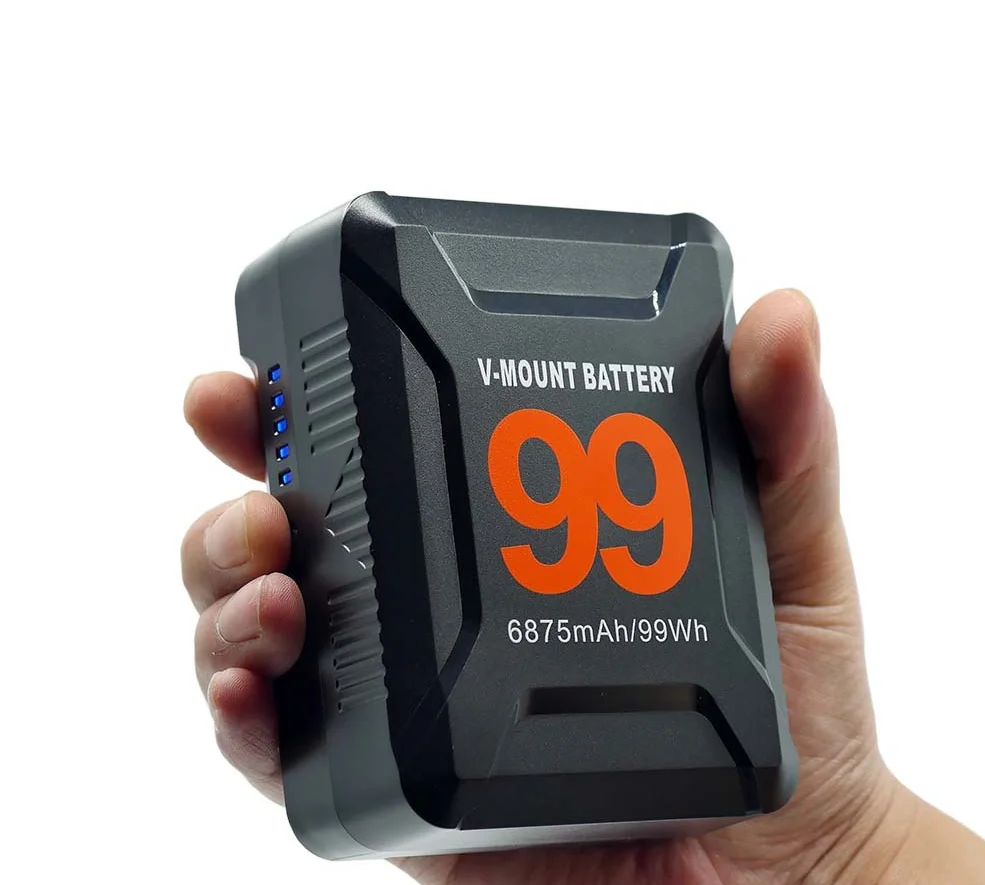 

V-mount battery. Suitable for small-sized BP-99. Supplies power for the camera. Nanlite and Aputure fill lights. Dtap and USB