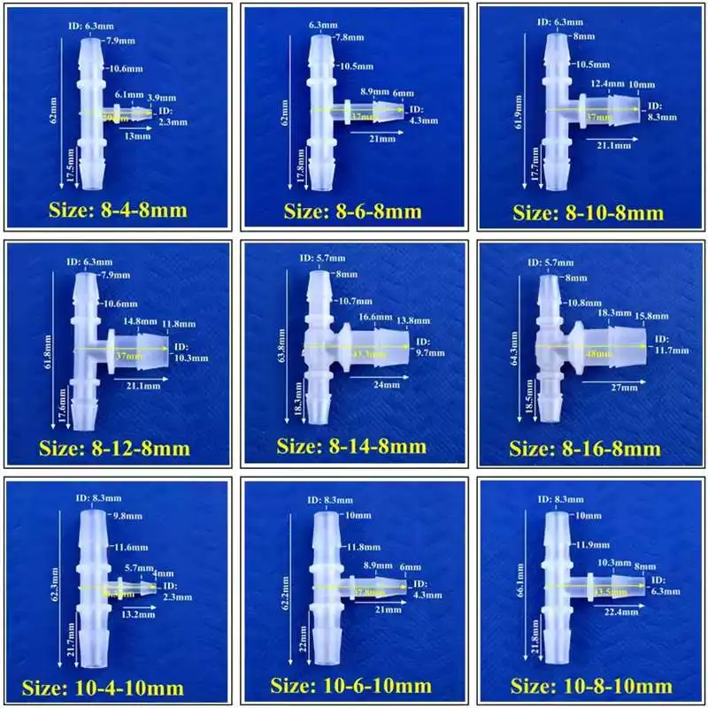 Food Grade PP 8 12mm To 4~16mm Reducing Tee Connectors Aquarium Tank Hose Connector Irrigation Reducer Hose Pagoda Tee Joint