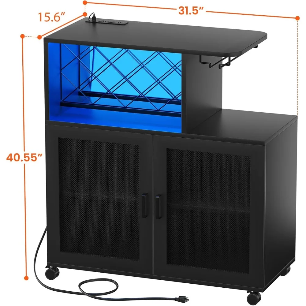 Armario de Bar de vino con ruedas, pequeño armario de licor con luz LED, carrito de Bar para el hogar con tomas de corriente, barra de café con estante para vino