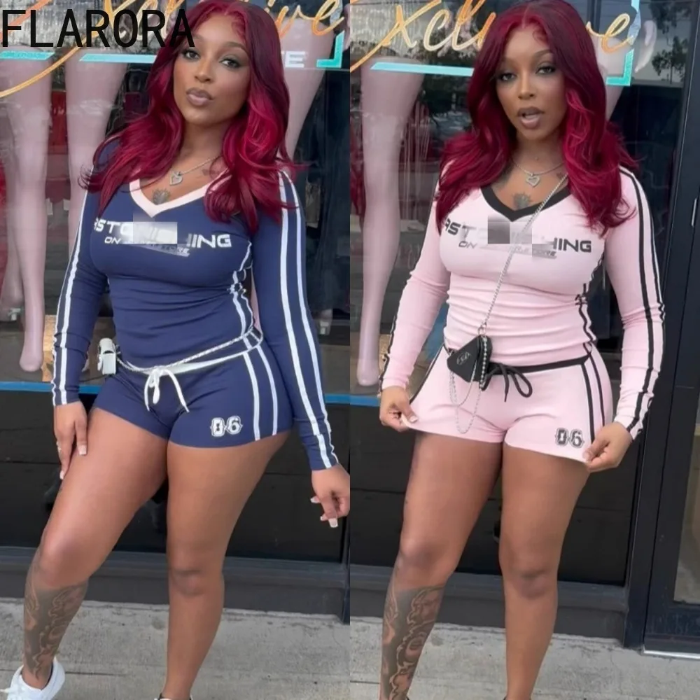 

FLARORA Retro Letter Print Sporty Two Piece Sets Woman V-neck Long Sleeve Top And Drawstring Shorts Street Tracksuits Outfits