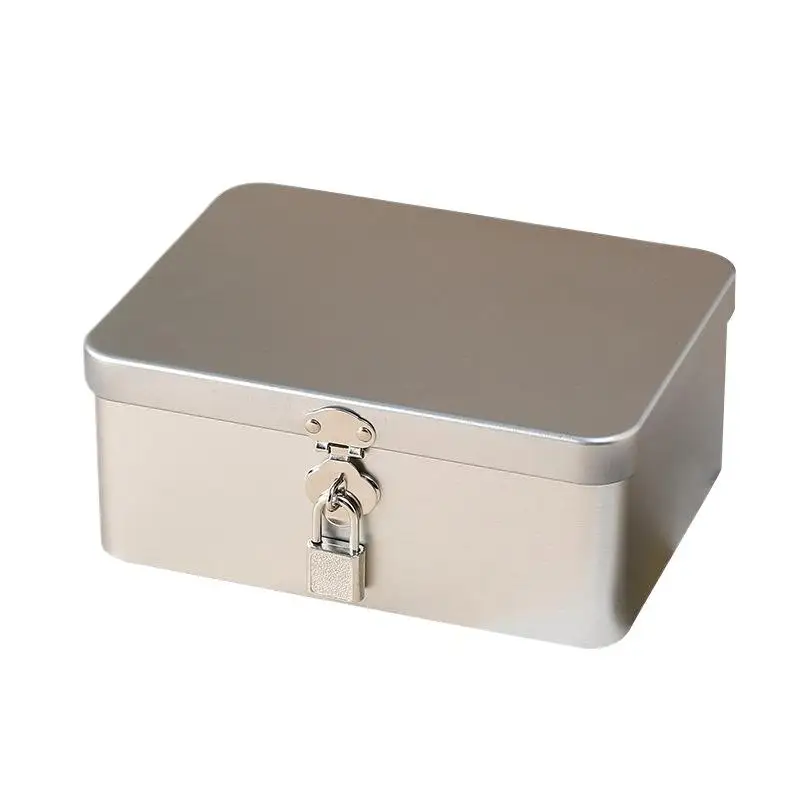 Caja de almacenamiento de estaño con cerradura plateada, caja de almacenamiento de escritorio multifuncional, caja de Metal, caja vacía para almacenamiento de joyas