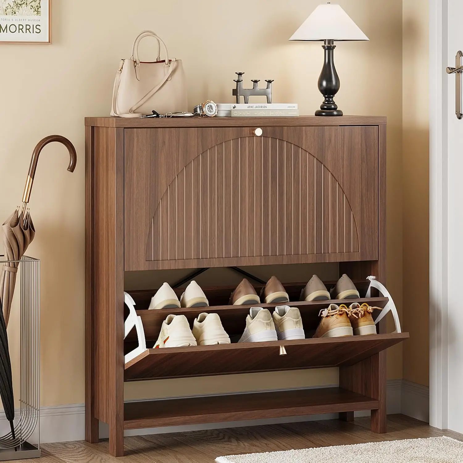 

Fluted Shoe Cabinet Entryway 2 Flip Drawers Arch Door Adjustable Shelf Narrow Wood Hidden Rack Walnut Customized