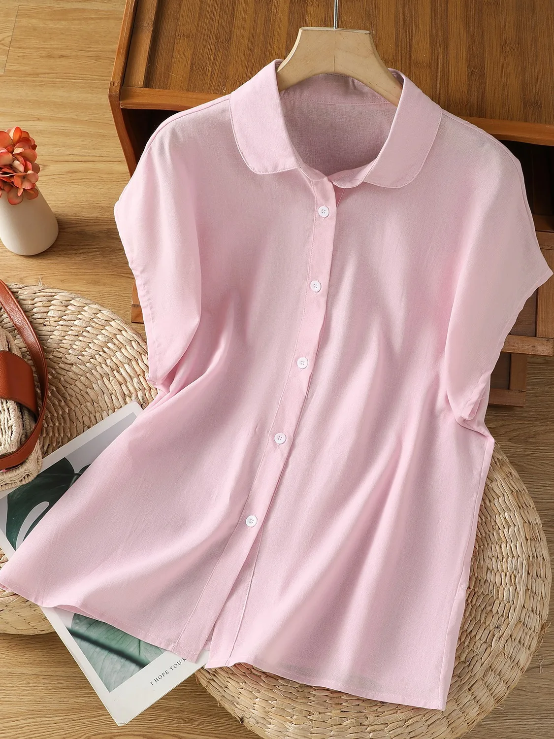 

Slimming Cotton Linen ort Sve irt Women's Thin Faionable Mom Top High End Commute irt Artistic Sle Button Detail