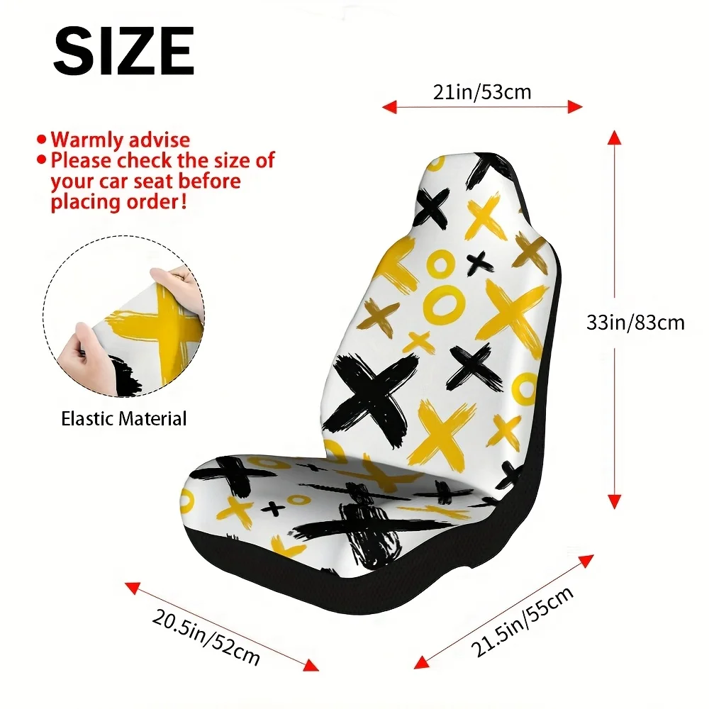 Set Of 2, Universal Car Seat Covers Featuring An Abstract Geometric Design In Yellow And Black With Cross And Circle Patterns, S