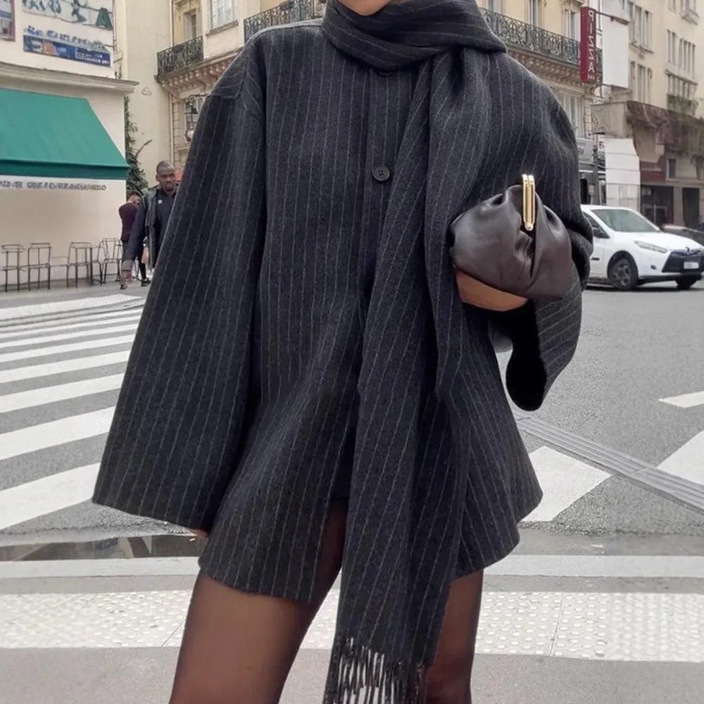 Retro Stripe Single Breasted Long Sleeve Jackets Chic Scarf Collar Woolen Jacket Women Loose Warm Coats Lady High Street Outwear
