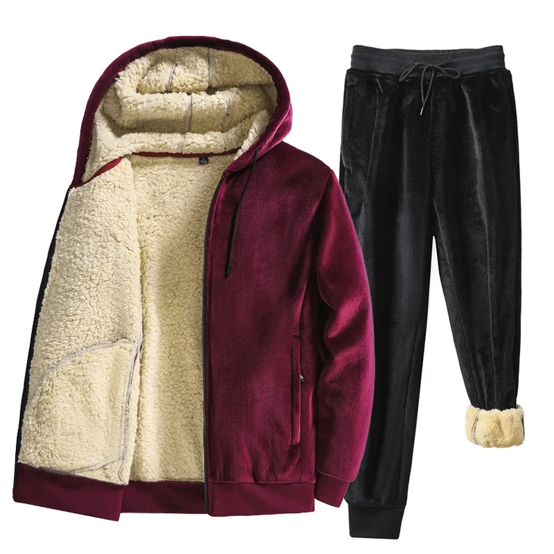 

Men Two Pieces Set Warm Tracksuits Winter Thick Lamb Mens Tracksuit Hooded Jacket + Pants Set Men Winter Wool Fleece Parka Sets