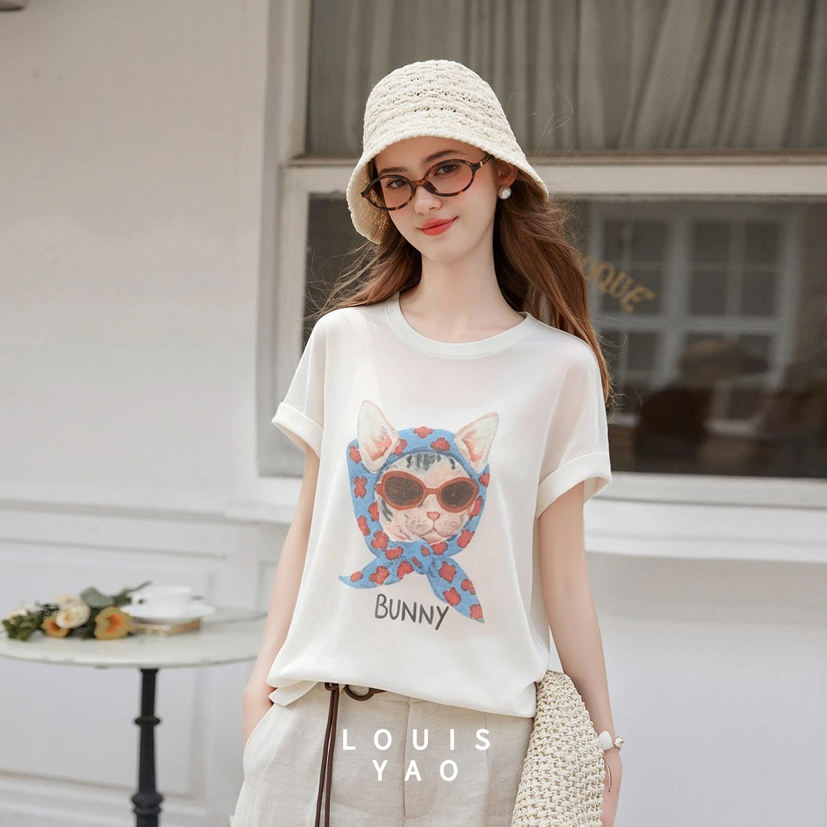 

LOUISYAO Vintage Print Women's T-Shirt 2026 Summer Contrast Pattern Knit Stretch Pullover Crew Neck Tops