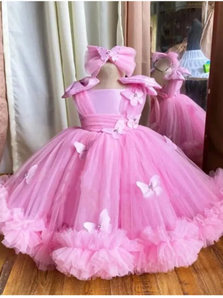 2023 Abiti da ragazza di fiore carini per la cerimonia nuziale Puffy Tulle Farfalle 3D Principessa Abiti da ballo per feste di compleanno Abito da prima comunione