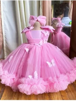 2023 Schattige Bloem Meisje Jurken Voor Bruiloft Gezwollen Tule 3d Vlinders Prinses Verjaardagsfeestje Baljurken Eerste Communie Jurk