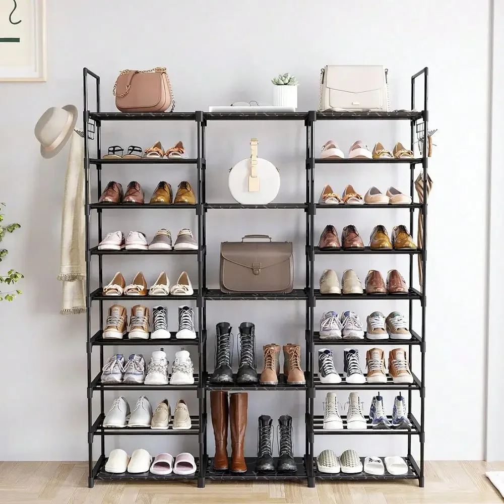 9 Tiers Shoe Rack Organizer, Black HighQuality Shoe Storage Rack, 5055 Pairs, Stackable Metal Shelf With Hooks For Entryway, Sh