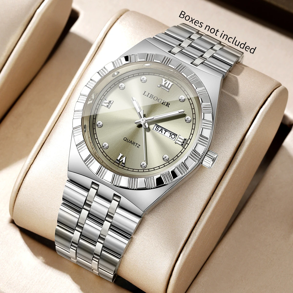Luxury Silver Men Watch Steel Strap Diamond Dial Calendar Quartz Wristwatch Daily Work Gift Relogio Masculino（Without Box