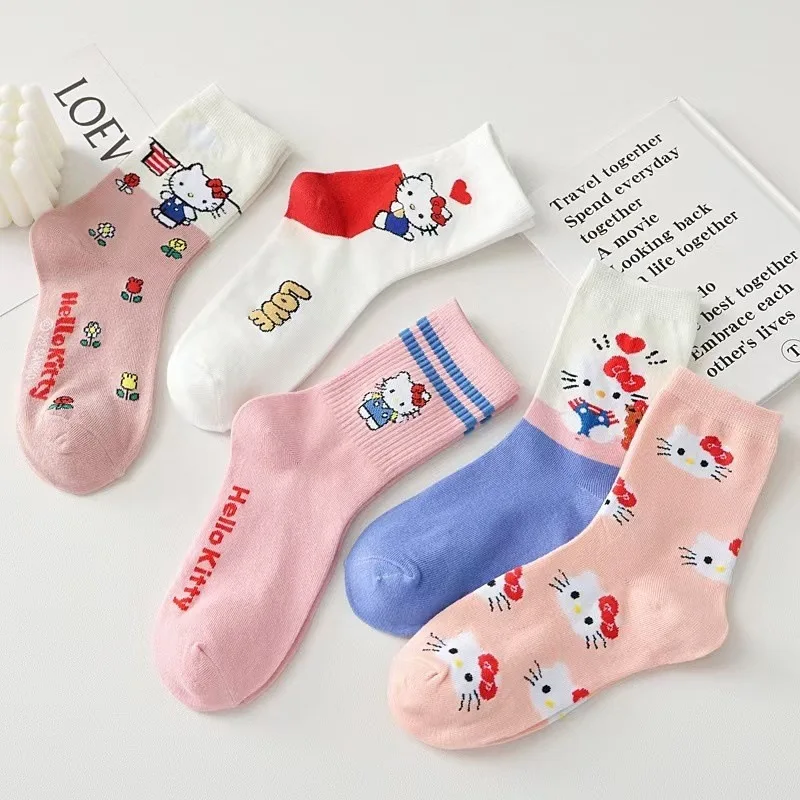 5pairs Winter Sanrio Cartoon Crew Socking  Anime Hello Kitty Mid-Calf Socks for Women Long Tube Harajuku Keep Warm Girl Socks