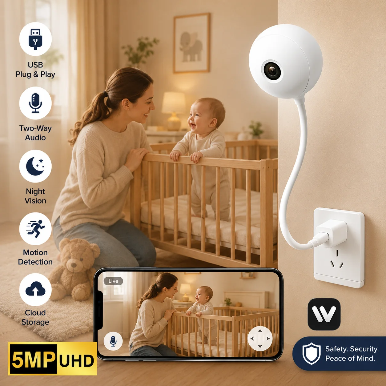 Wireless 5MP WiFi Indoor Camera Mini USB Light Bulb Design Motion Detection 2-Way Audio Baby Monitoring Security Protection