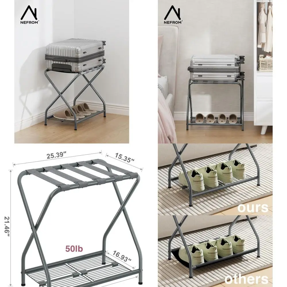 

Двойной складной металлический багажник с полкой для хранения, идеально подходит для гостевых комнат, спален и отелей.