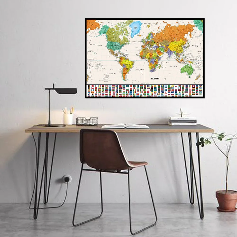 Mapa retrô do mundo em inglês, 60*40cm, pintura em tela, arte de parede, pôster, material escolar de escritório, sala de estar, decoração de casa