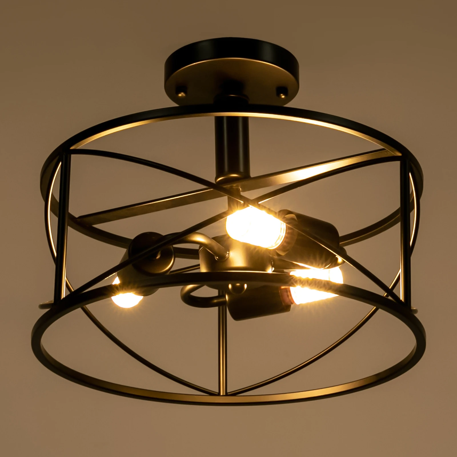 

Semi Flush Mount Ceiling Light-Black Metal Retro Cage for Hallway,Restaurant,Warehouse,Barn,Living Room, Kitchen