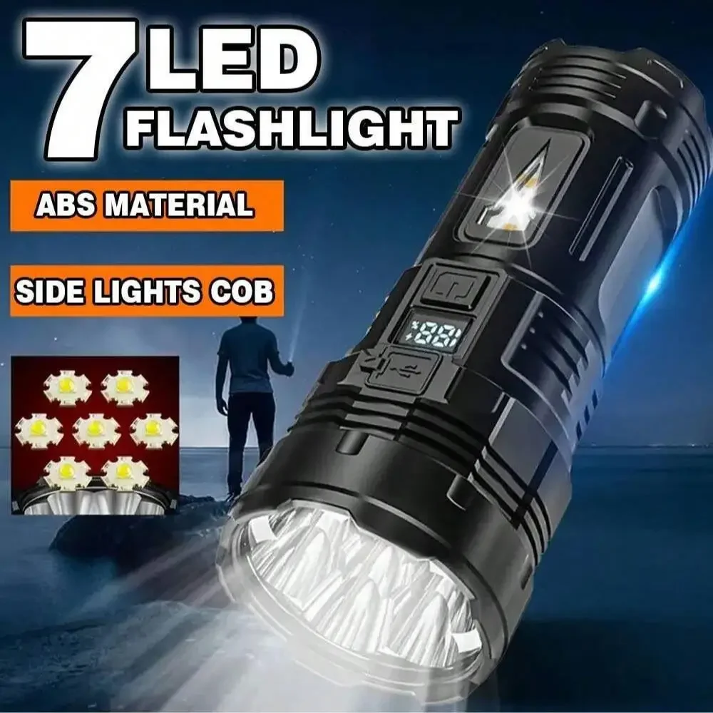 COB 사이드 라이트 내장 배터리 디스플레이 화면, C타입 충전식 토치, 비상 LED 랜턴, 7LED, 4LED, 1LED 손전등