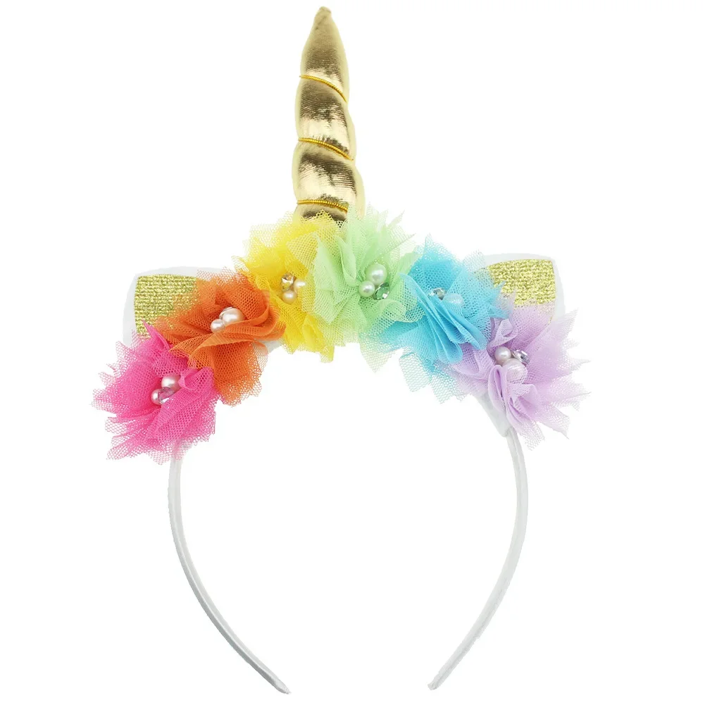 Handmade nowe dziewczyny róg jednorożca Hairband szyfon sztuczne kwiaty nakrycia głowy dla dzieci urodziny prezenty rekwizyty fotograficzne akcesoria do włosów — zdjęcie 3