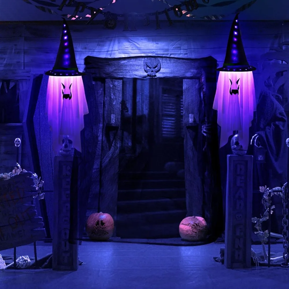 2 sztuki – dekoracja na Halloween w postaci świecących w ciemności duchów, które można zawiesić – mroczne, świecące ozdoby w kształcie duchów, idealne do dekoracji domu, ogrodu, werandy, drzwi, okien,