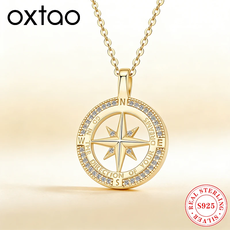 

Кулон-компас OXTAO для женщин и мужчин, цепочка из настоящего серебра 925 пробы, 1,0 мм, с кубическим цирконием, стильное украшение, подарок на память, ювелирные изделия