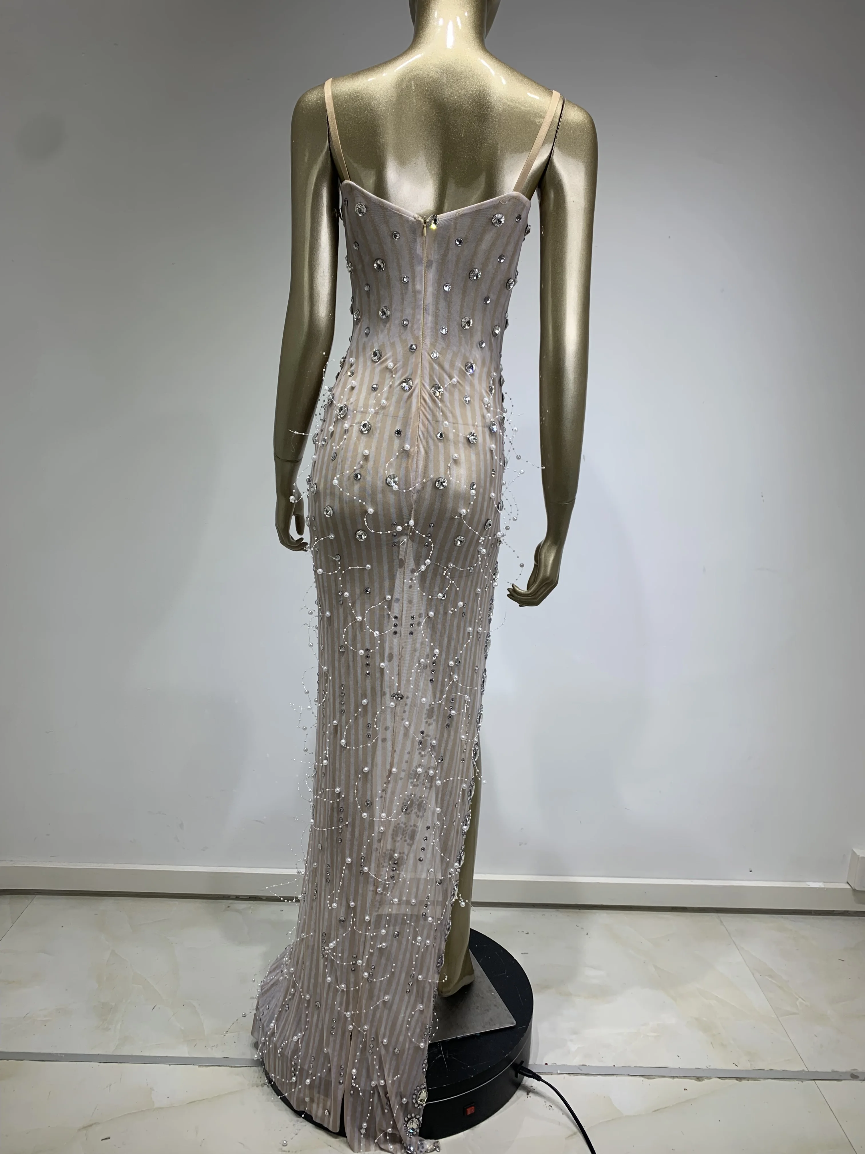 Women Sexy Crystal Diamond Celebrity Long Mesh Stretch Dress Elegant Birthday Party Evening Dress Stage Performance Costume