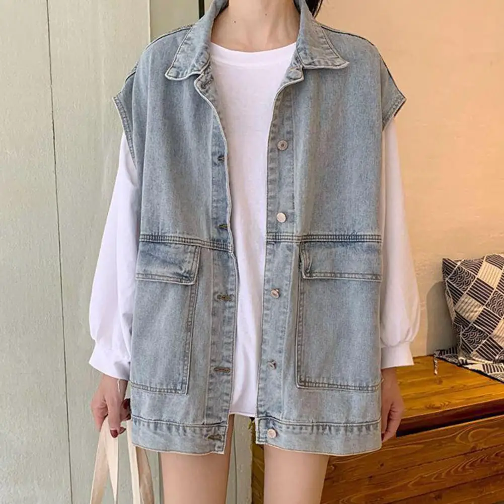 

Cardigan Vest Tops Women Denim Waistcoat Chic Denim Vest for Women Vintage Lapel Style with Broad Shoulders Single for Spring